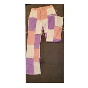 High Waist Button Fly Spliced Jeans